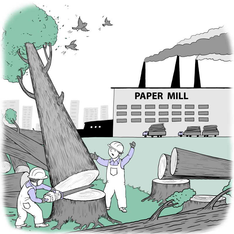 Paper mill. Paper production. CO2. Trees.